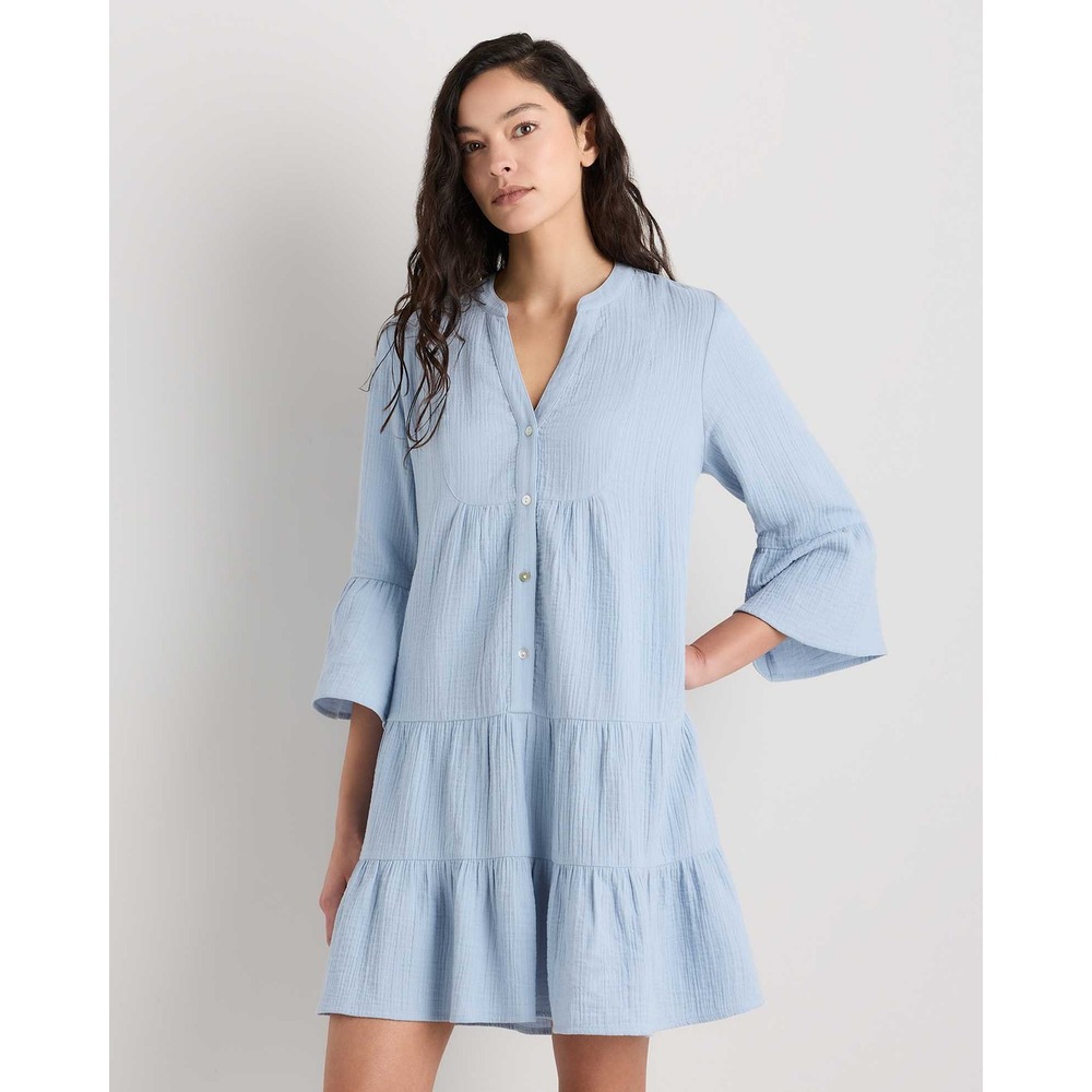 Quince Organic Cotton Gauze Tiered Mini Dress Ocean Breeze Blue S NWOT
